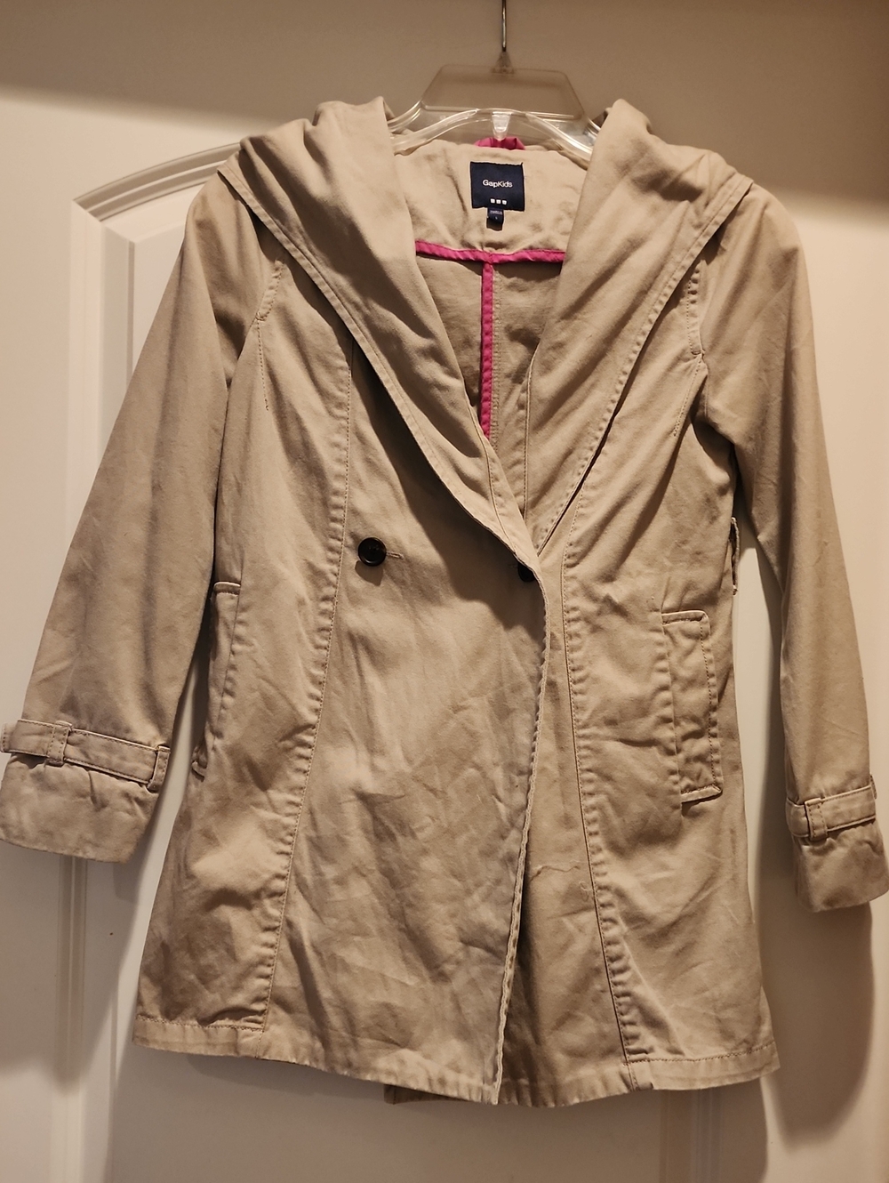 Gap Kids Girls Classic Khaki Hooded Trench Coat - Size L (10) Pink Piping Trim